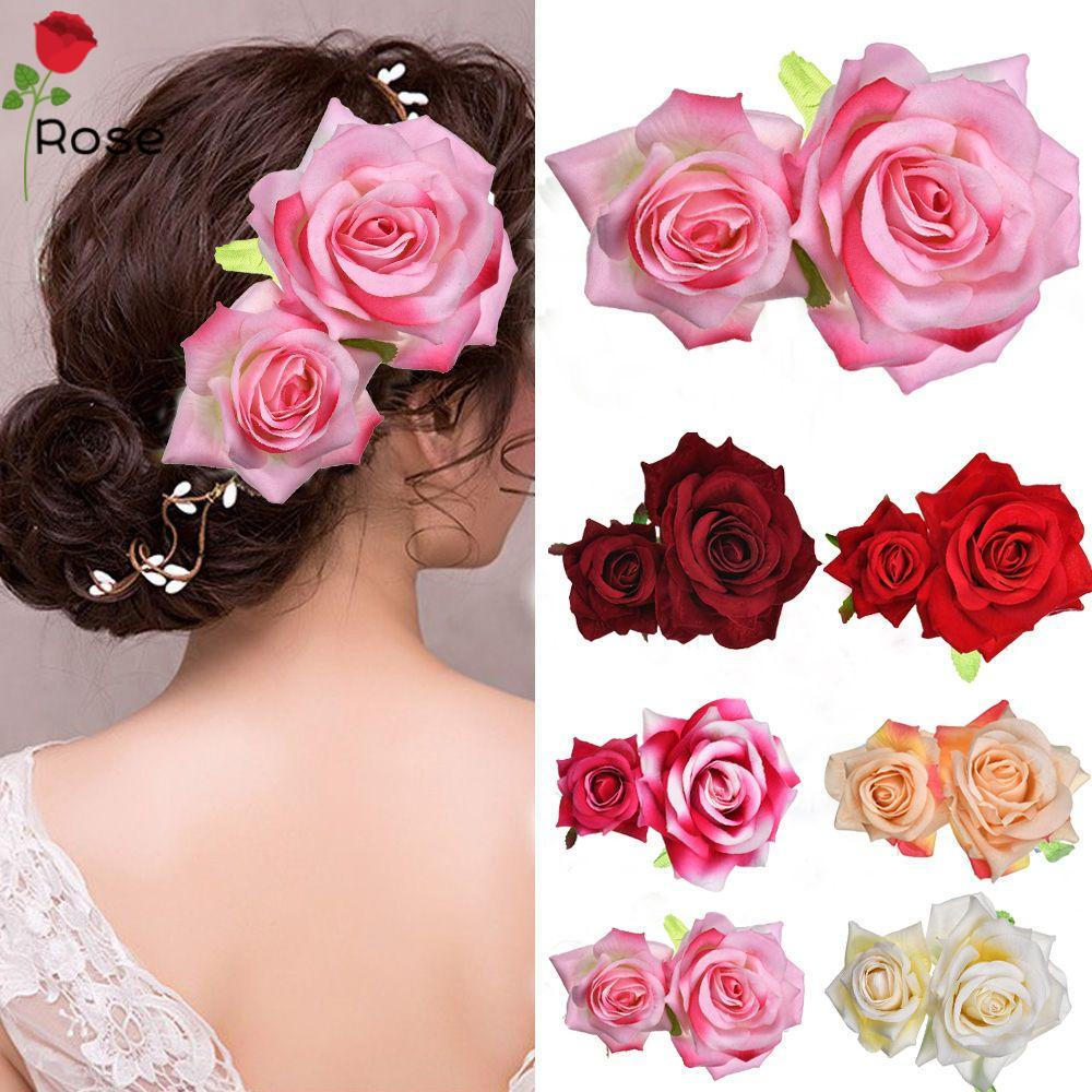 RF Girls Ladies Festival Handmade Fashion Elegant Double Rose Hairpin Bridal Flower Hair Clip/Multicolor