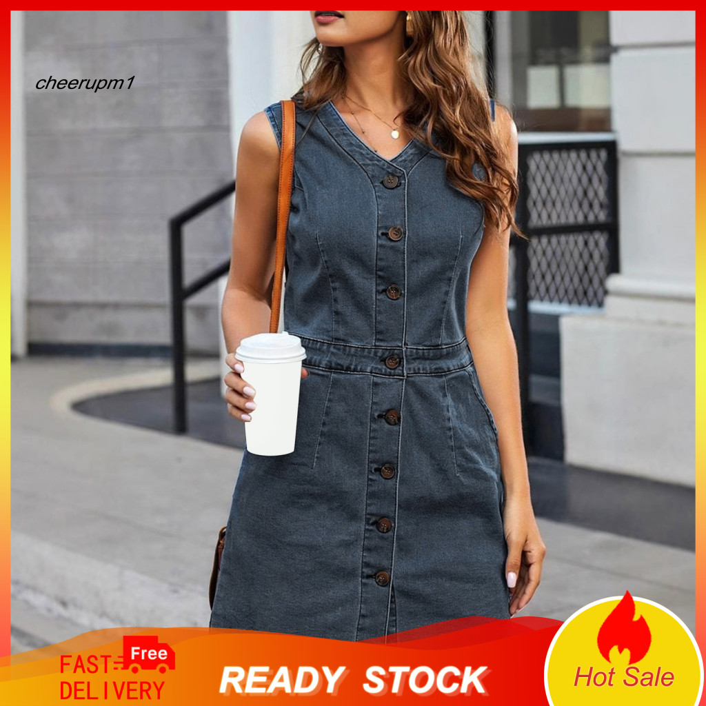 Soft and Comfortable Fabric Dress Women Denim Women’s Bodycon V-neck Button-down Mini Jean with Pockets Summer Overall