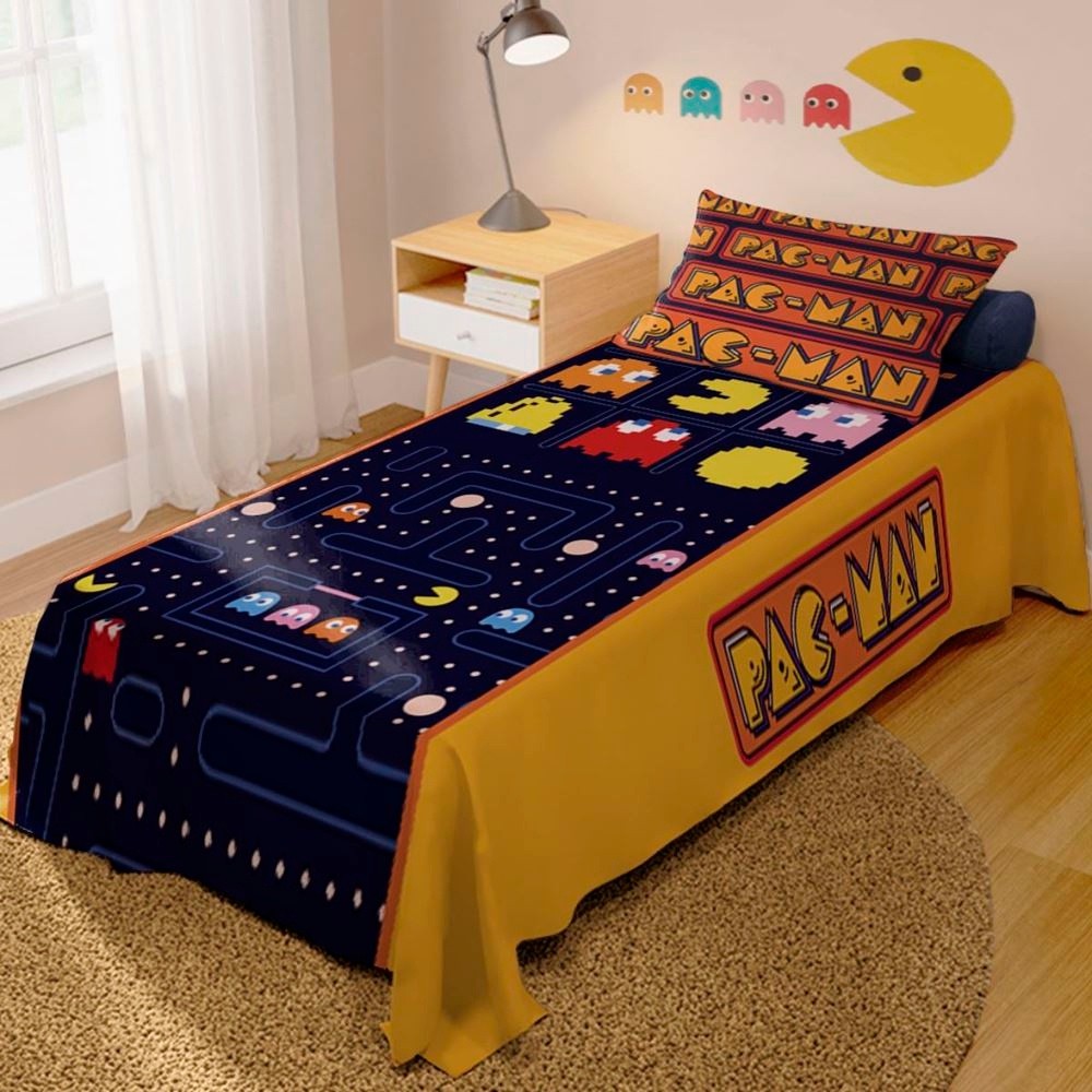 Jogo De Lençol Cobre Leito + Fronha Quarto Infantil Pac Man Jogo Come Come