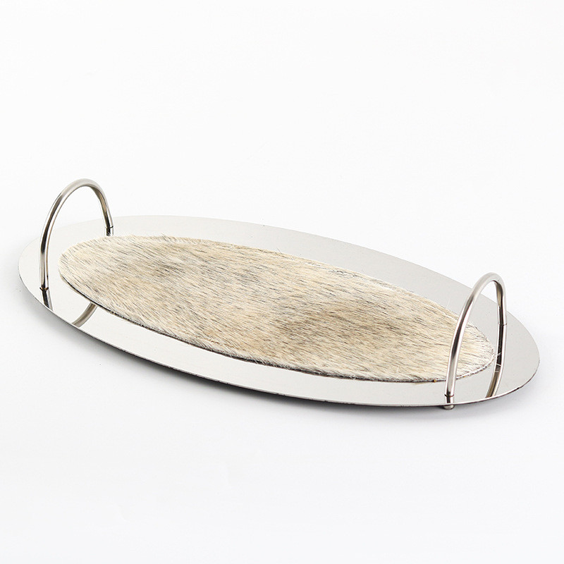 GEWW Double-ring handle metal and leather tray, decorative piece for model rooms, homes, kitchens, dining areas, kitchen