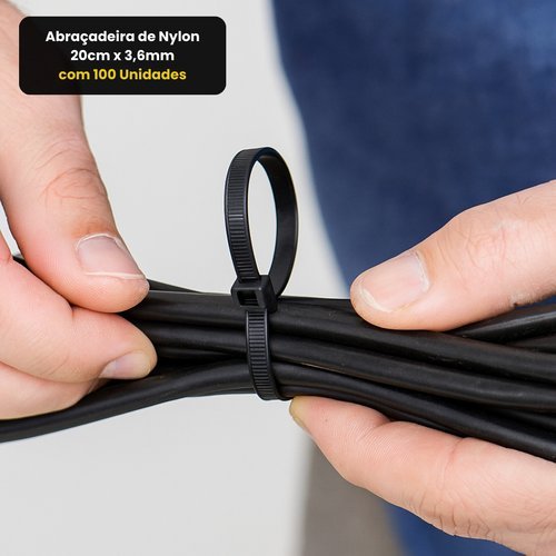 Abracadeira Nylon 20cm X 36mm Preta Pacote 100 Pecas Resistente Facil Uso