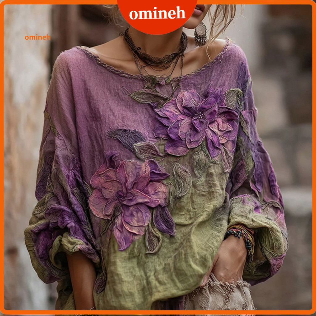 Comfortable Stretch Blouse Printing Shirt Women’s Round Neck Long Sleeve Loose Fit Pullover Top with 3d Flower Pattern