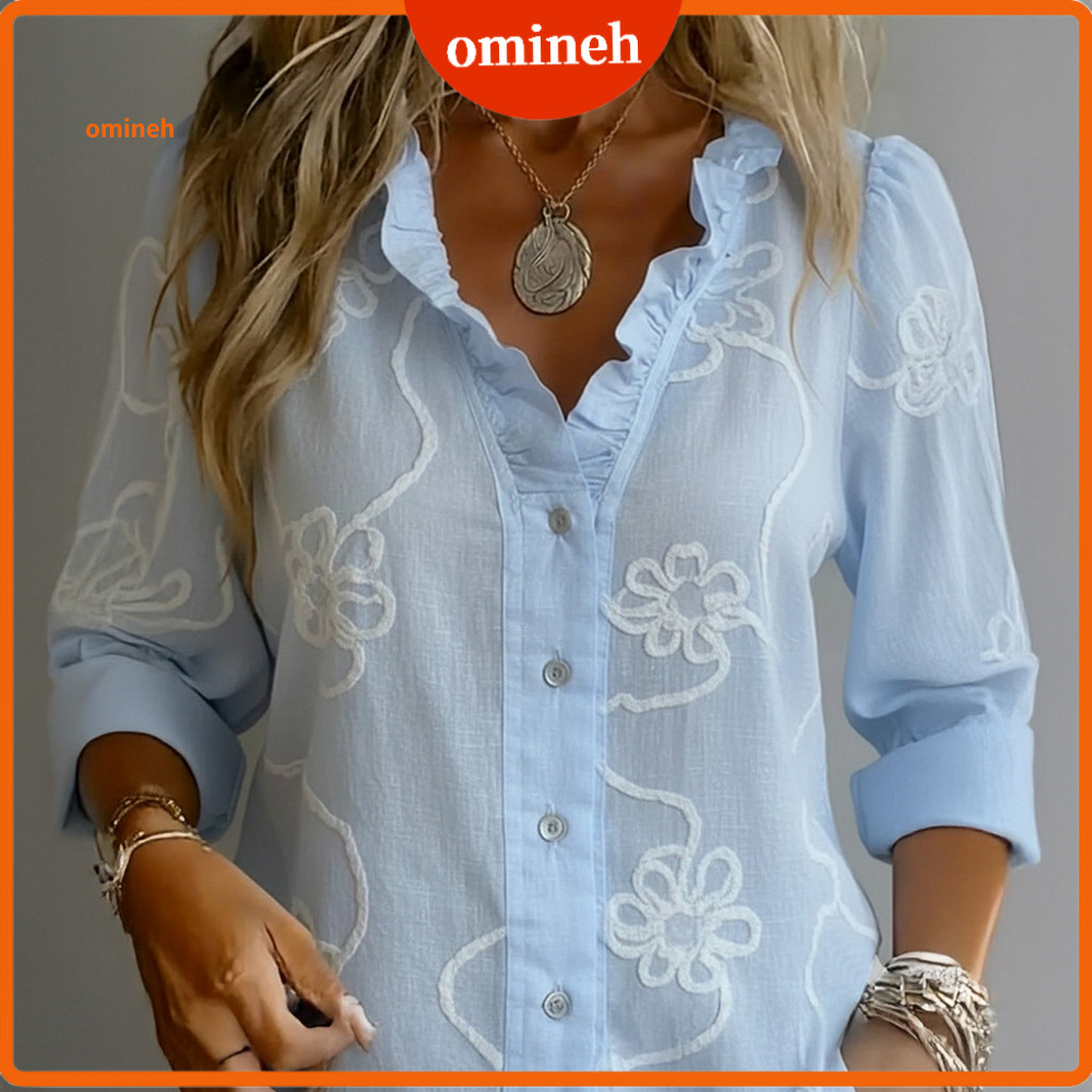 Women Breathable Tops Shirt Women’s V-neck Lace Trim Long Sleeve Pullover Embroidered Flower Pattern Top for Spring Su