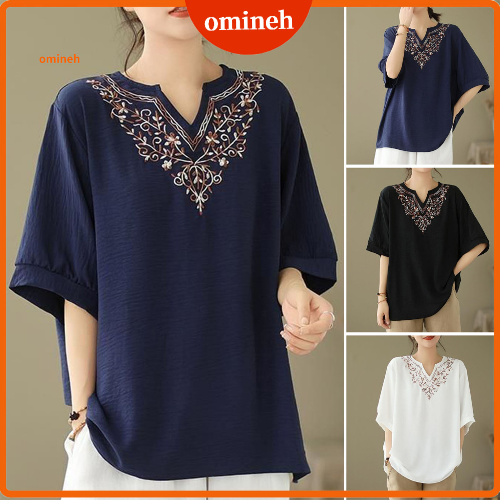 Embroidered T-shirt Women V Neck Women’s Deep Floral Pullover Loose Fit Traditional Pattern Tee Pure Color Top for Sou