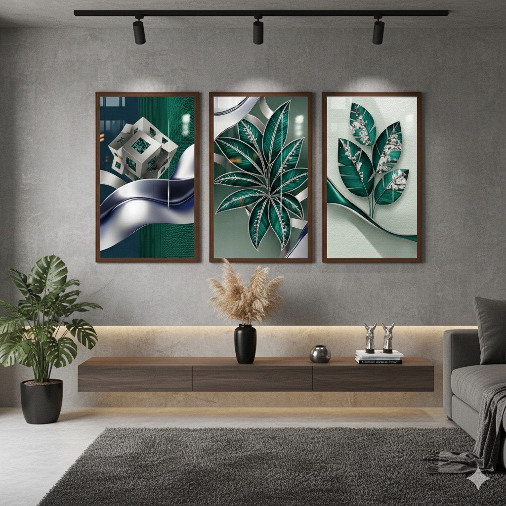 Quadros decorativos Folhas Verdes Dourado Prata Abstrato (3 peças)