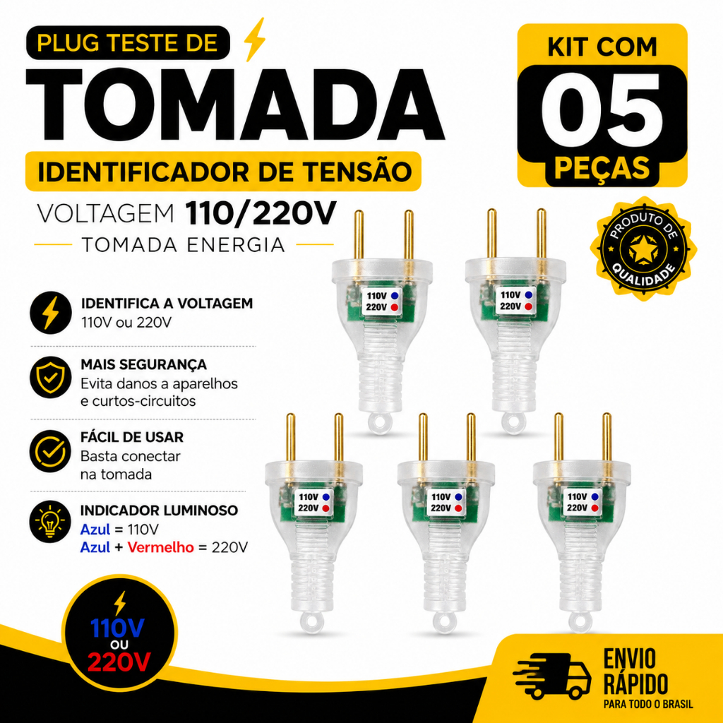 Kit com 05 Plug Teste de Tomada Identificador Tensão Voltagem 110/220V - Tomada Energia