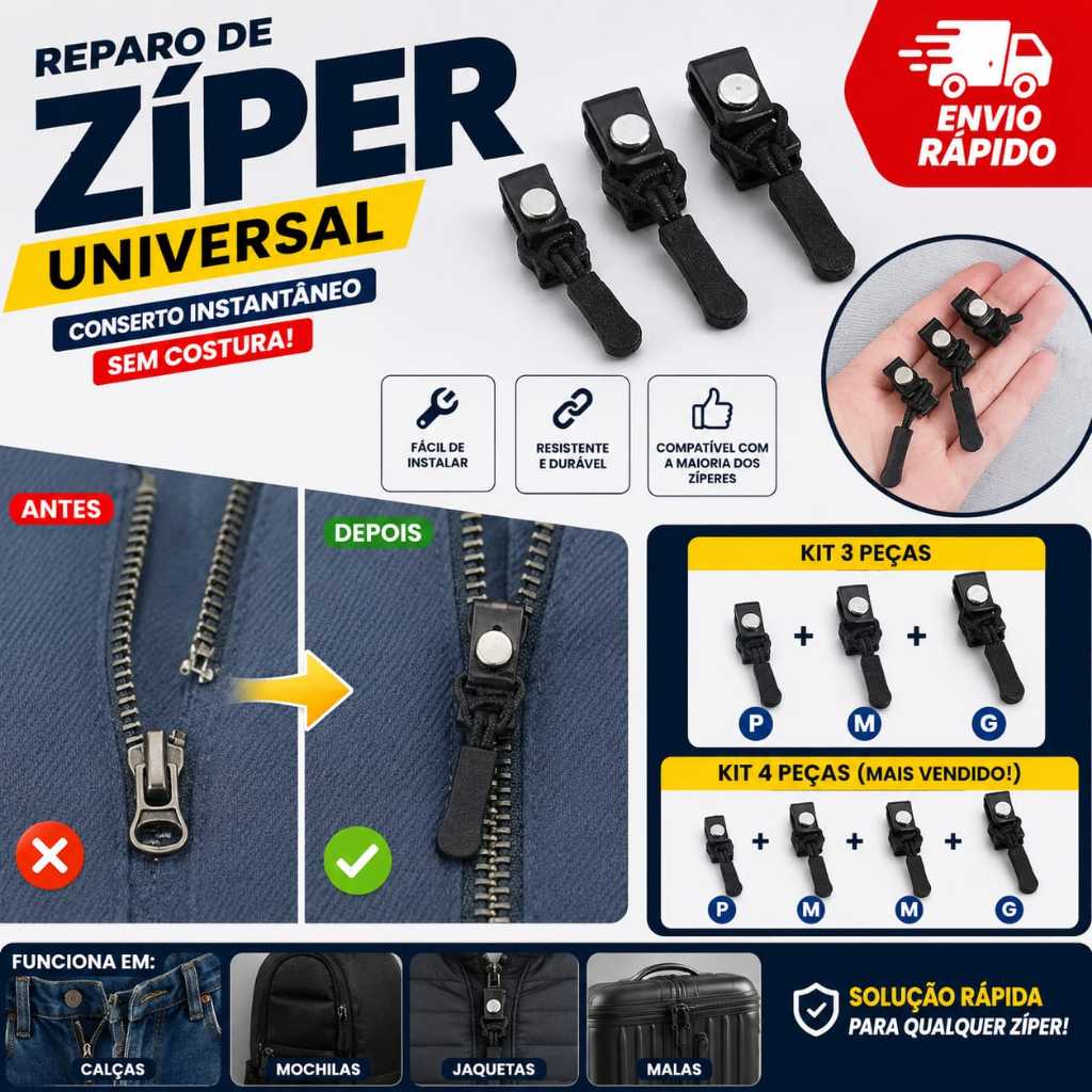 Kit Reparo Universal de Zíper Sem Costura | Conserto Instantâneo para Mochila, Calça, Jaqueta, Bolsa e Mala