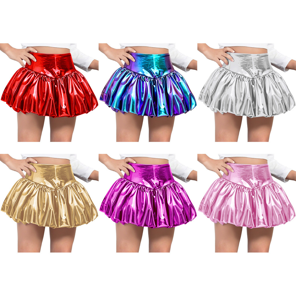 inhzoy Kids Girls Metallic Bubble Skirt Elastic Waistband Shiny Bud Skirts for Dance Party Stage Performance