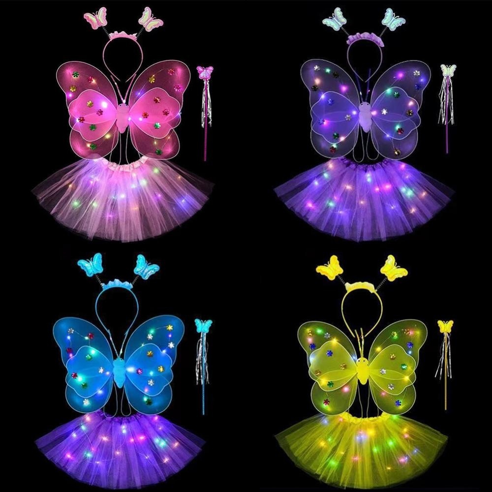 MOLANDOGO 3/4pcs Kids Glowing Butterfly Wings Set Com 20LED Light Girls Halloween Fantasia De Natal O1Z4