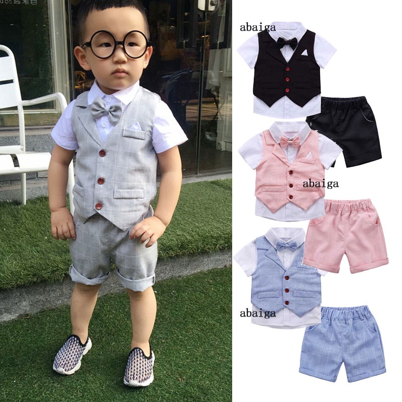 4Pcs Kids Boys Suit Gentlemen Casamento Cavalheiros Colete Tuxedo Camisa Curta Calças Conjunto De Gravata De Laço Festa De Aniversário Baby Wear Clothes 1-8 Years Old