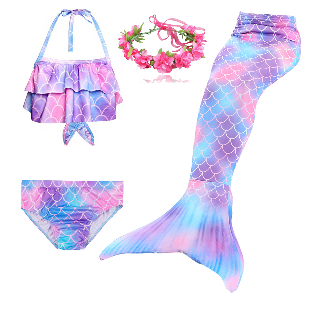 Kids 4PCS Swimmable Mermaid Tails Shell Top  Bikini Sets Swimwear