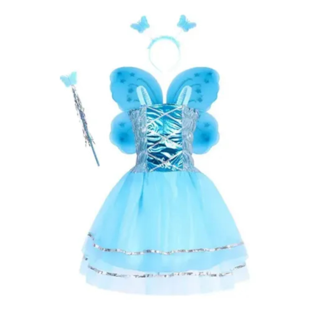 Fantasia Infantil Menina Princesa Vestido Varinha Tiara Borboleta Fada Kit 4pçs Festa Criança
