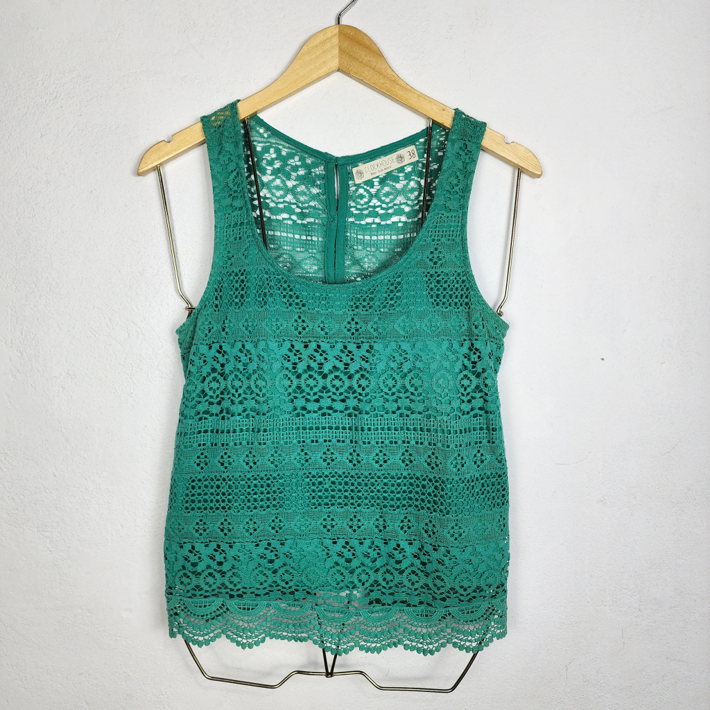 Blusa Regata Renda Clock House Verde Tam 38 Transparente Brechó Feminina