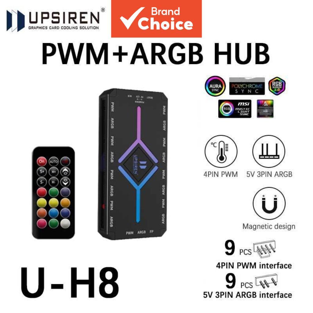 UPSIREN U-H8 5V 3PIN ARGB&4PIN PWM HUB Hub de ventilador de computador com sincronização de luz ARGB, design magnético