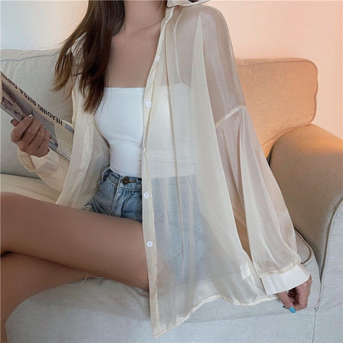 Camisa feminina solta protetor solar fina High-End praia manga comprida Top feminino à prova de ultravioleta
