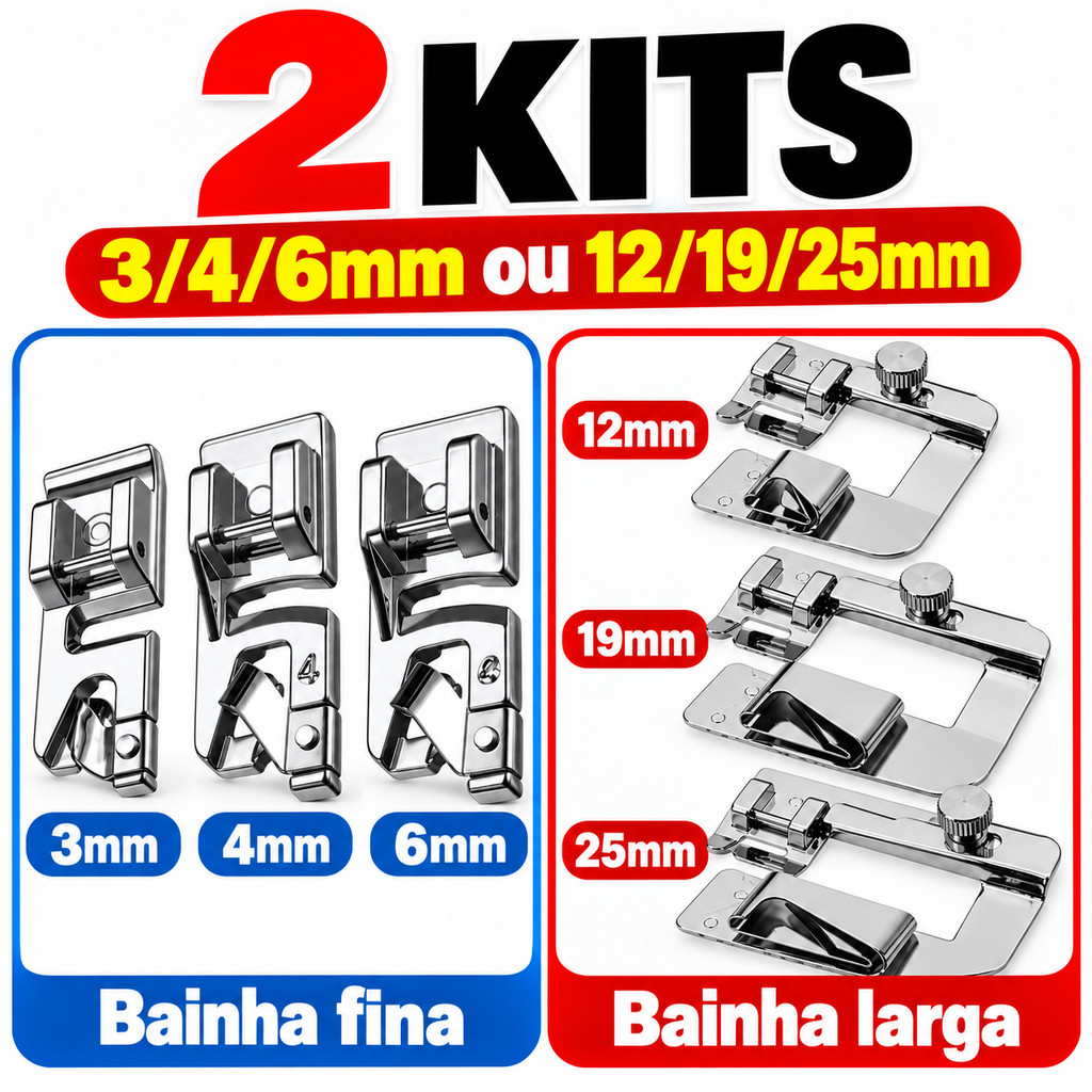 Kit Calcador Bainha Enrolada 3/4/6mm ou 12/19/25mm para Máquina de Costura