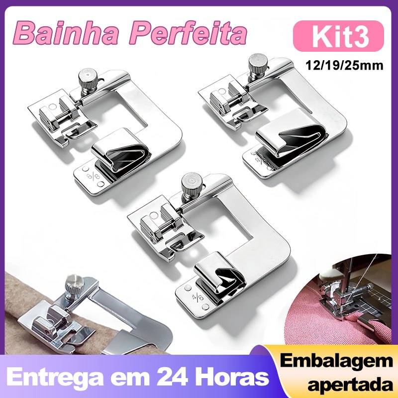 Kit 3 Calcadores Bainha Enrolada 12mm 19mm 25mm para Máquina Doméstica