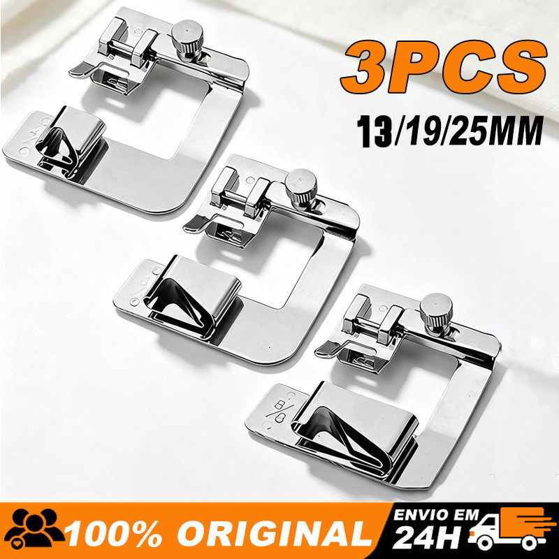 Kit 3 Calcadores Sapata Barra Bainha Enrolada 12mm 19mm 25mm Máquinas domésticas e retas industriais