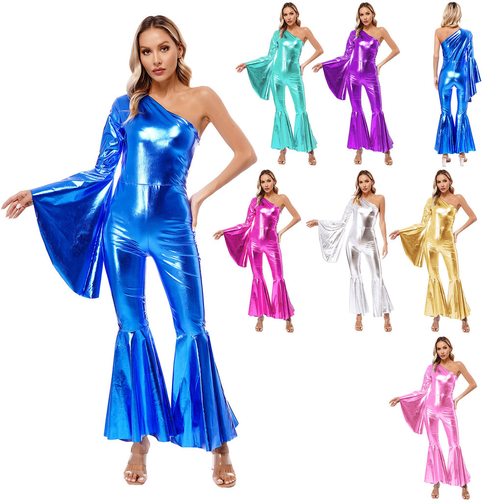 inhzoy Womens Metallic Shiny Bell-Bottom Dance Jumpsuit One Shoulder Flare Sleeve Bodysuit Carnival Theme Party Clubwear