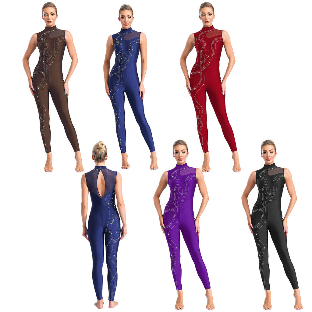 inhzoy Womens Shiny Rhinestones Gymnastics Jumpsuit Mock Neck Sleeveless Keyhole Back Sheer Mesh Patchwork Bodysuit