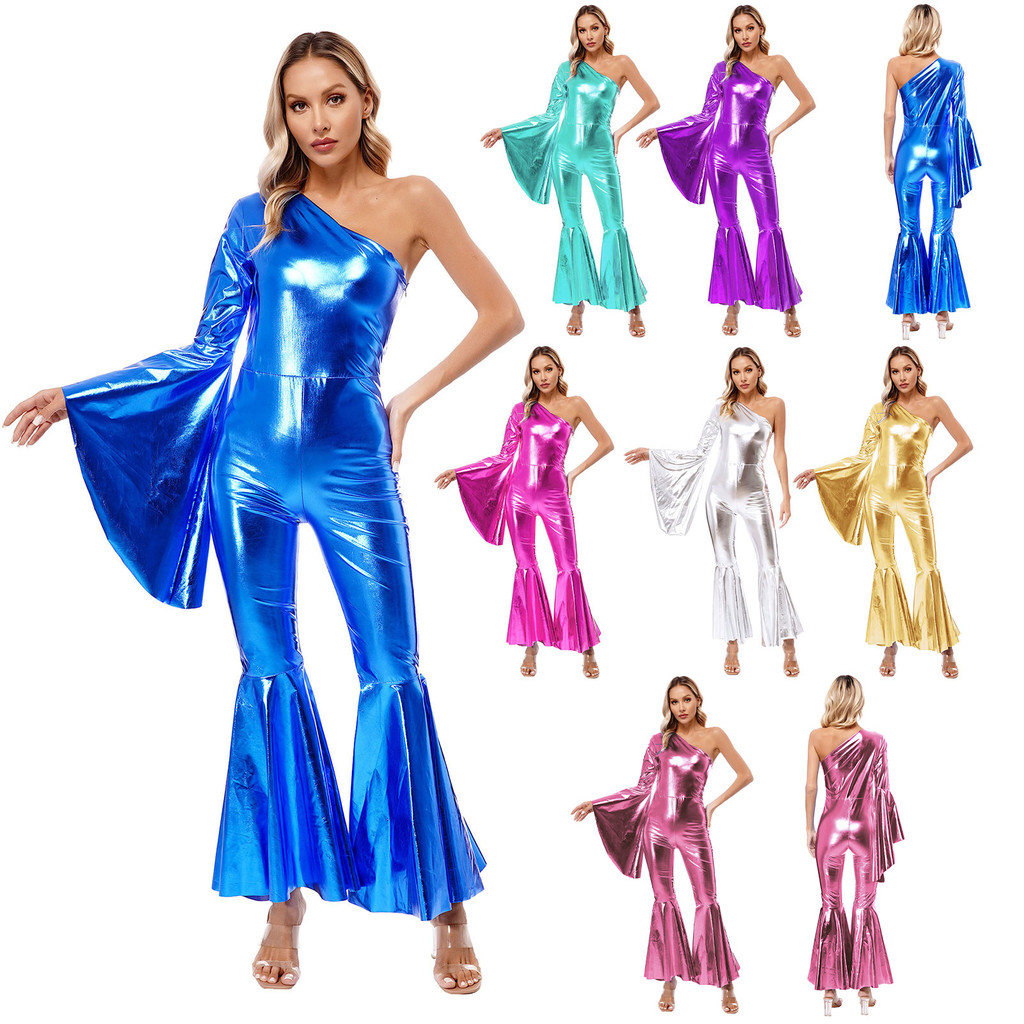 inhzoy Womens Metallic Shiny Bell-Bottom Dance Jumpsuit One Shoulder Flare Sleeve Bodysuit Carnival Theme Party Clubwear