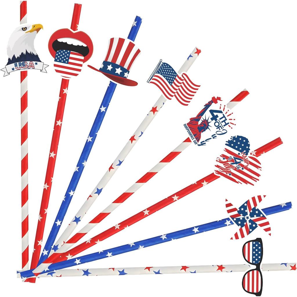 4th of July Paper Straws 24 Pcs American Flag Red Blue White Straws Red White and Blue for 4th of July Decorations USA 2