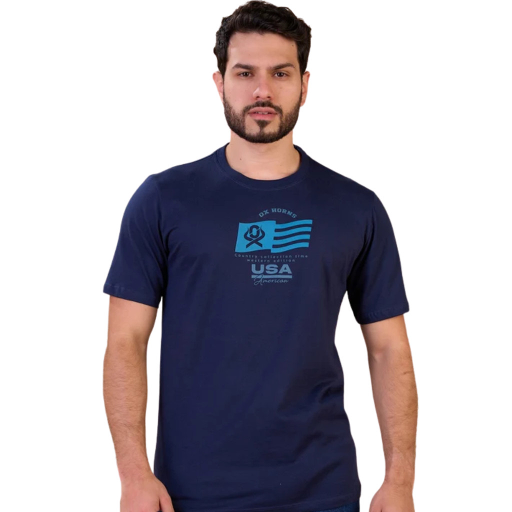 Camiseta Masculina Flag USA American Marinho Ox Horns Ref 1933