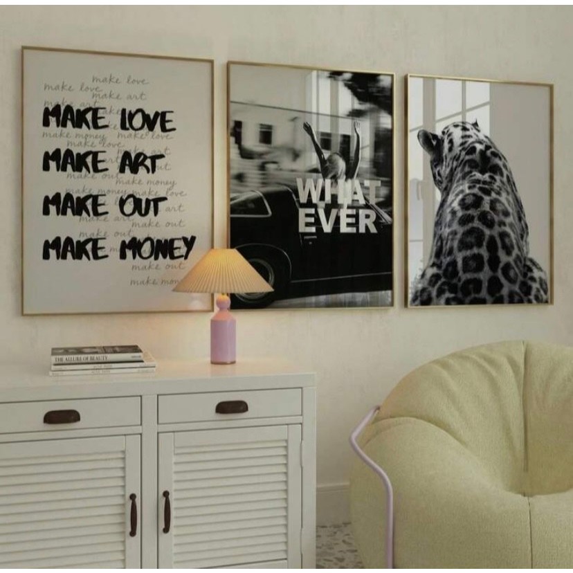 Quadros decorativos Make Love Art Money Leopardo (3 peças)