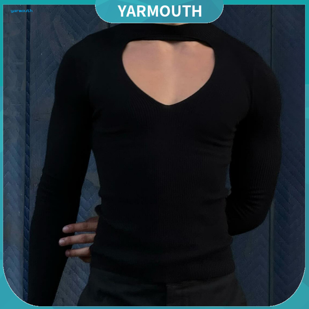 Men Top Black Slim Fit Long Sleeve Men's Hollow Out O-neck T-shirt Elastic Solid Color for Club Party Cosplay Performanc