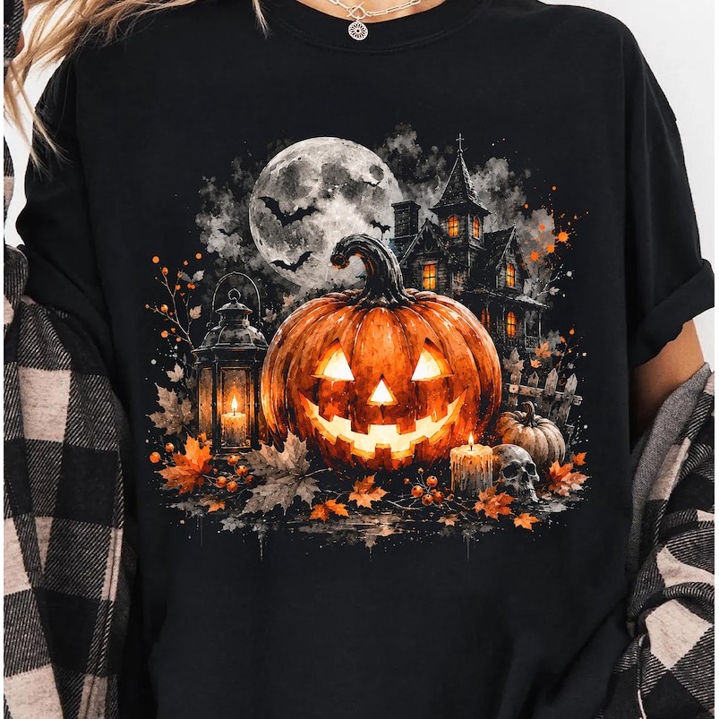Camiseta Masculina Halloween Abóbora Jack O'Lantern Casa Embrujada Lua Sombria Confortável Premium Descolada Estilosa