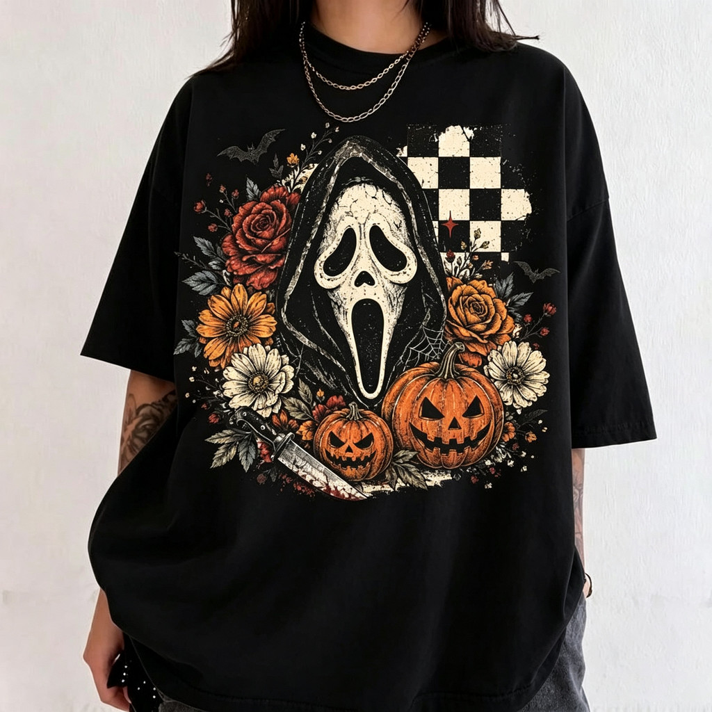 Camiseta Oversize de Algodão Preta, Estampa Ghostface do Filme Pânico, Abóboras Jack O'Lantern, Rosas, Girassóis, Padrão