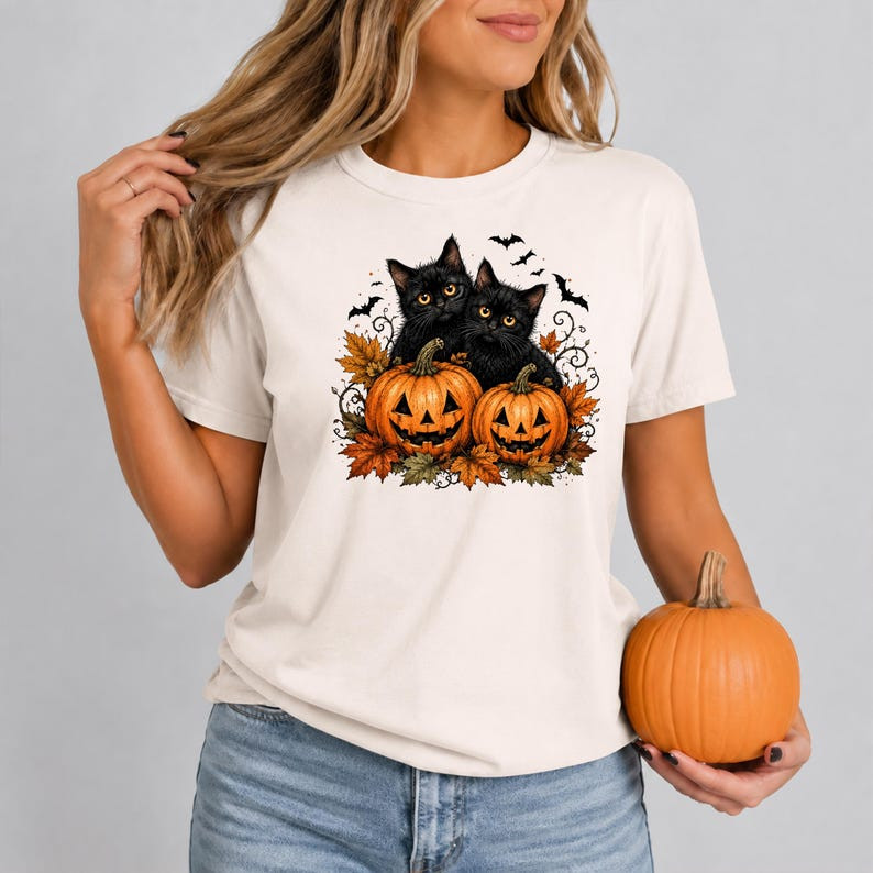 Camiseta Feminina De Manga Curta Branca Em Algodão, Estampa Com Gatos Pretos, Abóboras Jack O'Lantern, Morcegos, Folhas