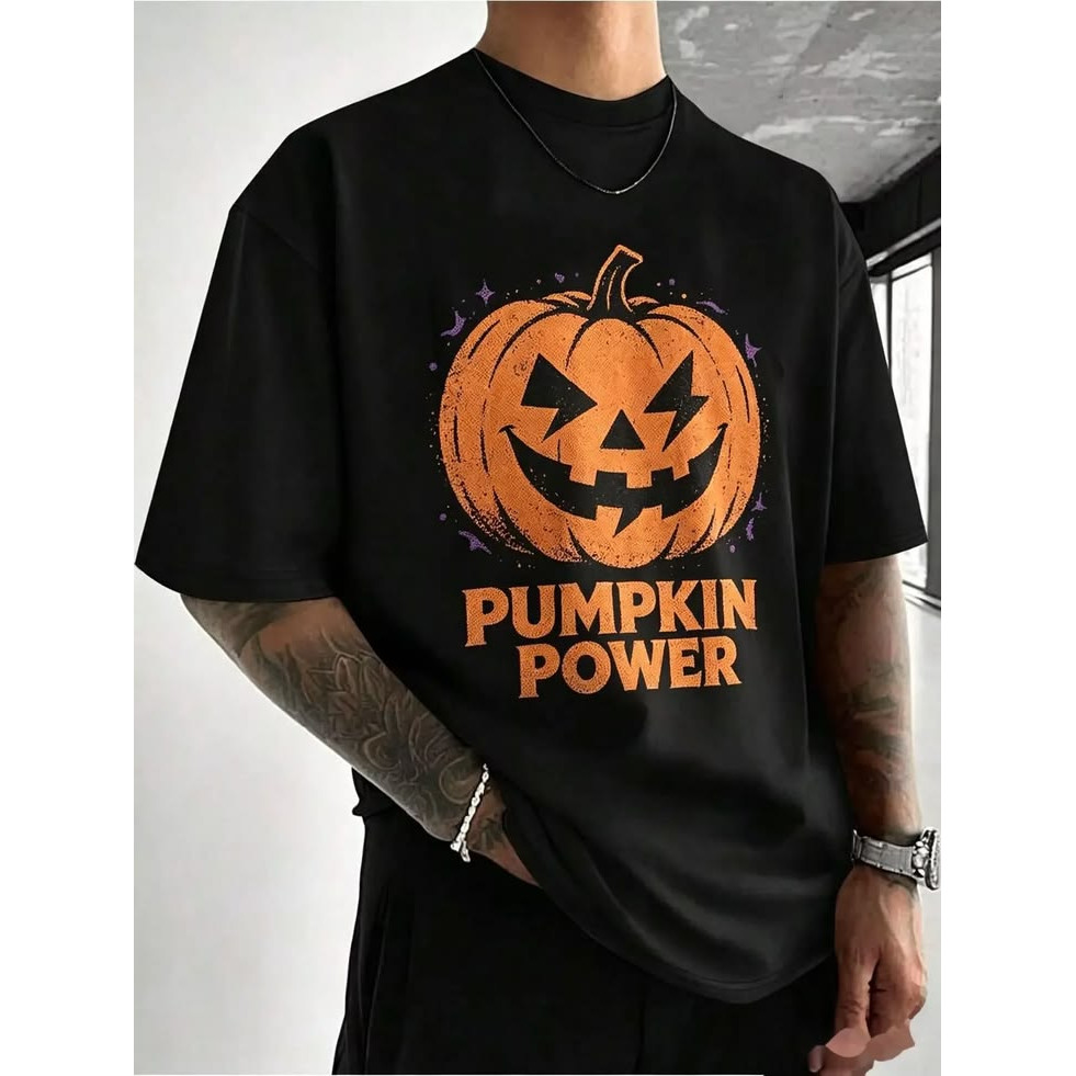 Camiseta Masculina Preta Oversized de Manga Curta, Tecido Macio, Estampa Abóbora Jack O'Lantern, Olhos em Forma de Trovã