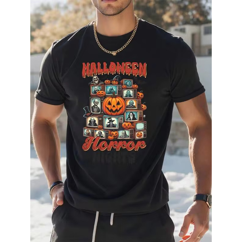 Camiseta Masculina Halloween Horror Estampa Com Cemitério Carros e Jack - O - Lantern Moderna Confortável Estilosa Tendê