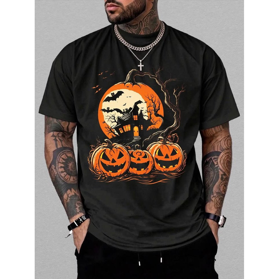 Camiseta Masculina Manga Curta Preta, Tecido Confortável, Estampa Halloween Com Abóboras Jack O'Lantern, Casa Assombrada