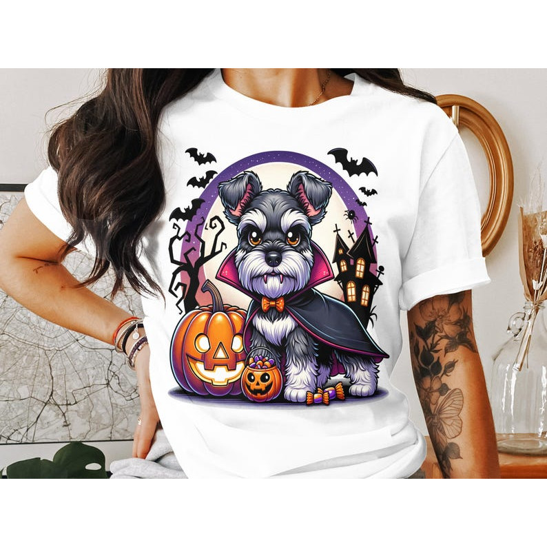 Camiseta Feminina de Manga Curta Branca em Algodão Estampa Cachorro Schnauzer Vampiro Abóbora Jack O'Lantern Morcego Cas