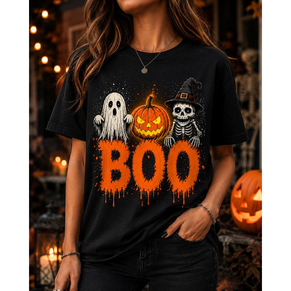 Camiseta de Algodão Preta com Estampa de Fantasma, Jack - o - Lantern e Esqueleto para a Festa de Halloween