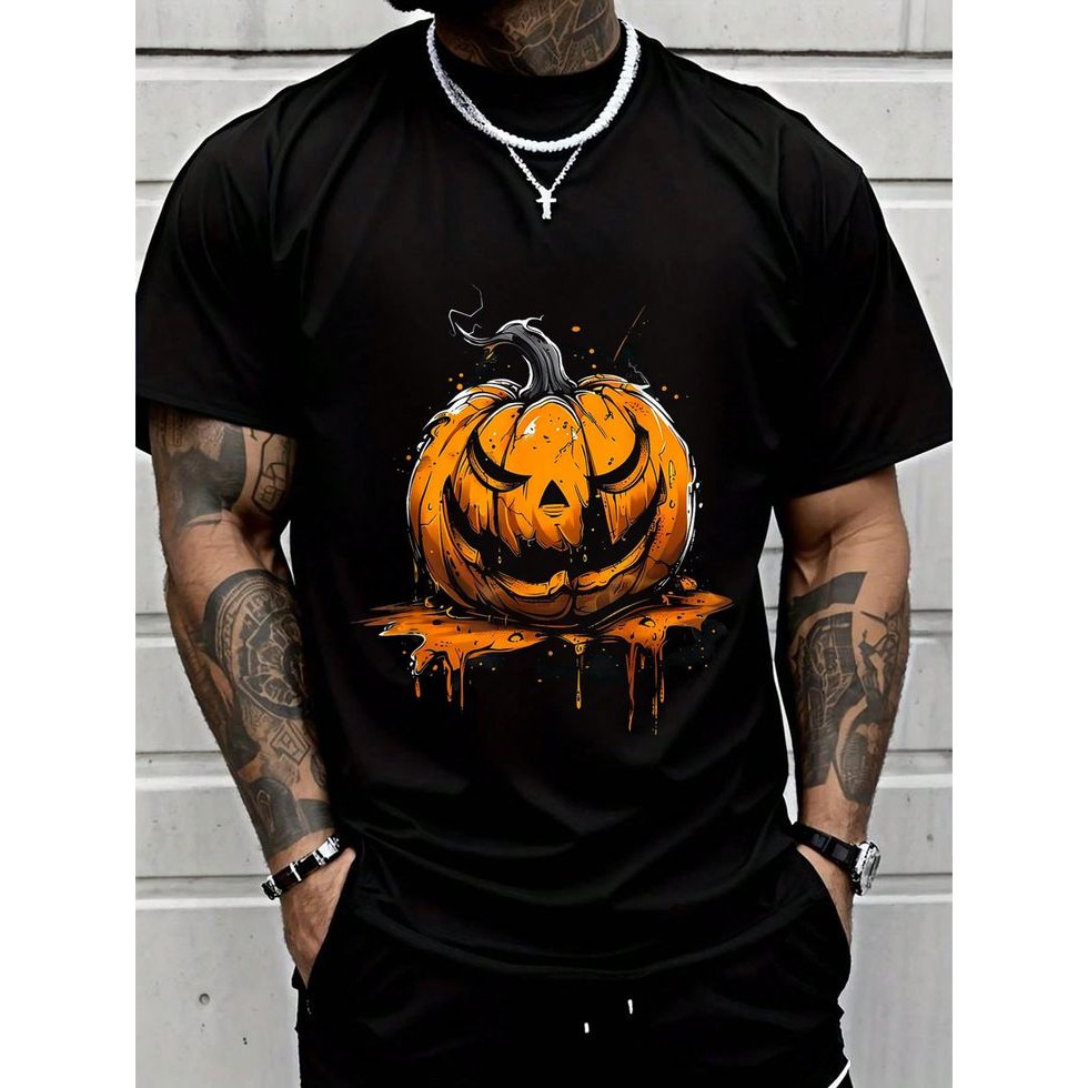 Camiseta Masculina Manga Curta Preta Com Estampa De Abóbora De Dia Das Bruxas, Jack O'Lantern, Efeito Gotejante, Arte Gr