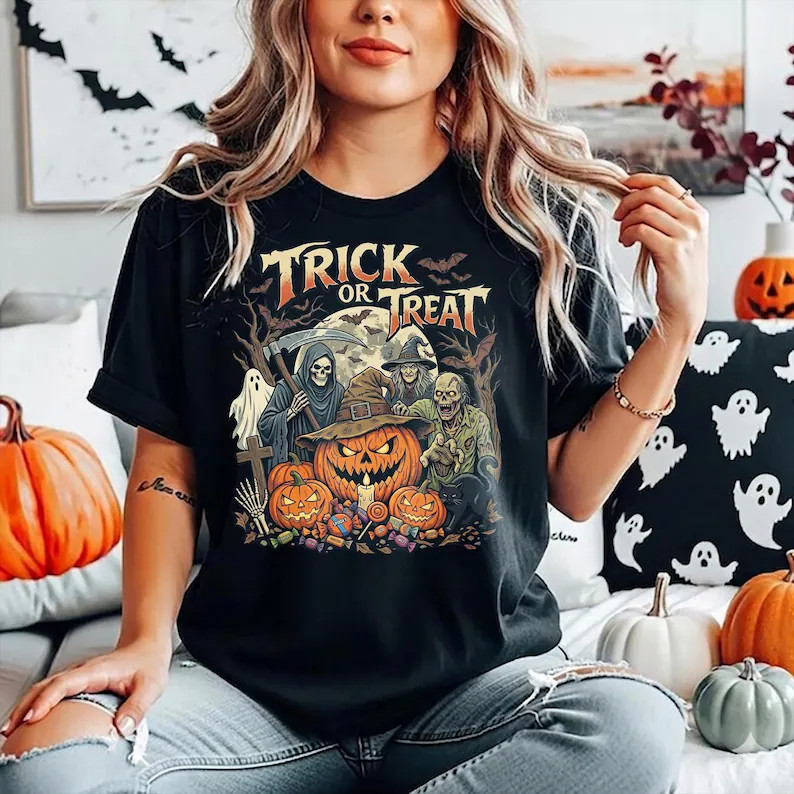 Camisa de Halloween para Mulheres, Preta, de Algodão, com Estampa de Jack - o - Lantern e Bruxa, Ideal para Festas de Ha