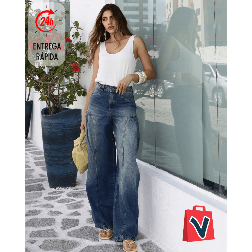 Calça Jeans Barrel Feminina Com Recortes 25634 Sky Sujinho