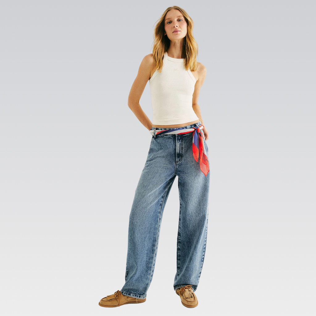 Calça Hering Jeans Feminina Barrel Cintura Média Bolsos