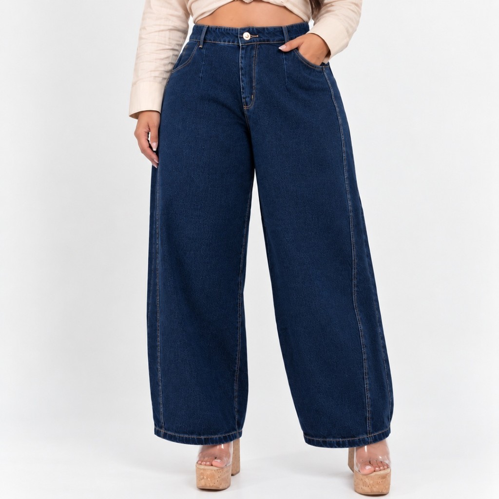Calça Jeans Plus Size Lavagem Escura Barrel Casual Arrumada