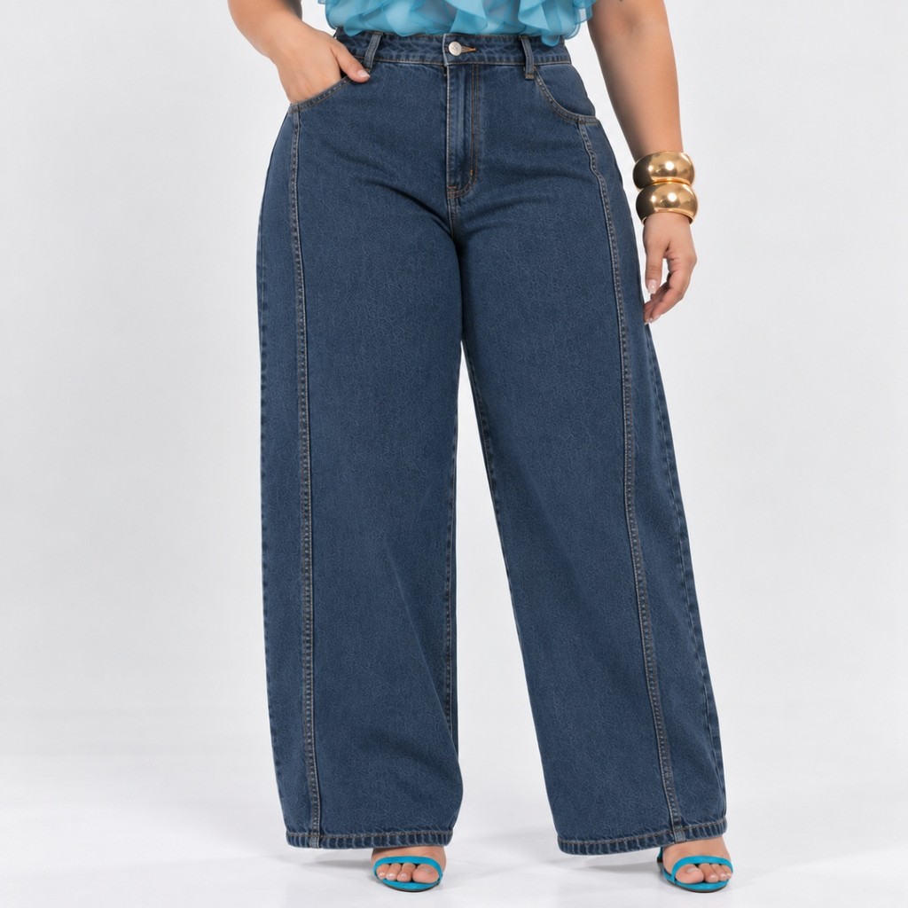 Calça Jeans Plus Size Barrel Wide Leg Cintura Alta Casual