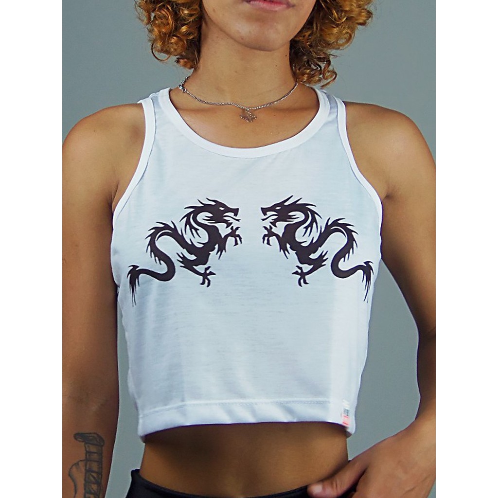 Camiseta Dragão Chinês Cropped Regata Crop Top Soltinha - No Sense