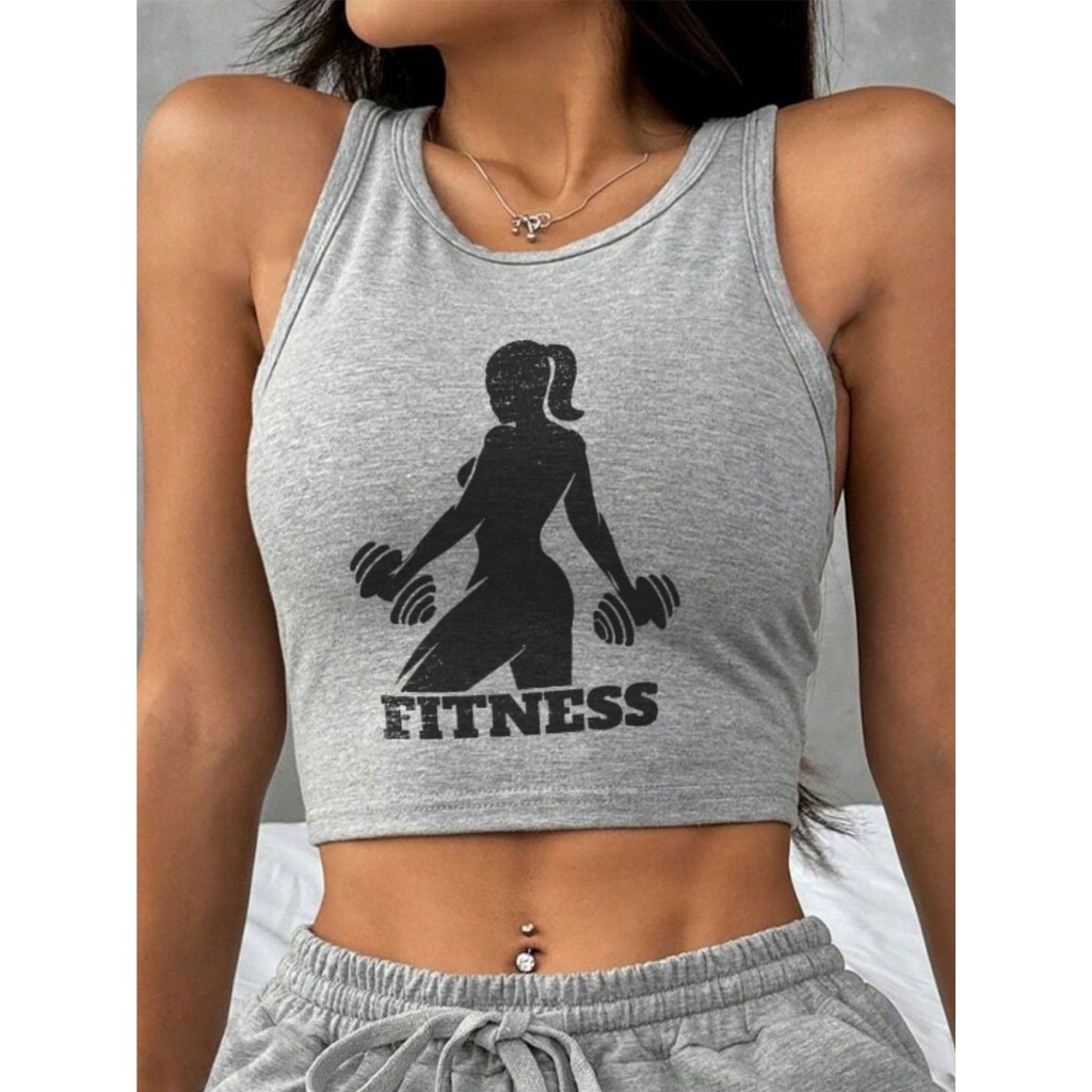 Blusa Cropped Regata Fitness Cinza Mescla Soltinha Crop Top - No Sense