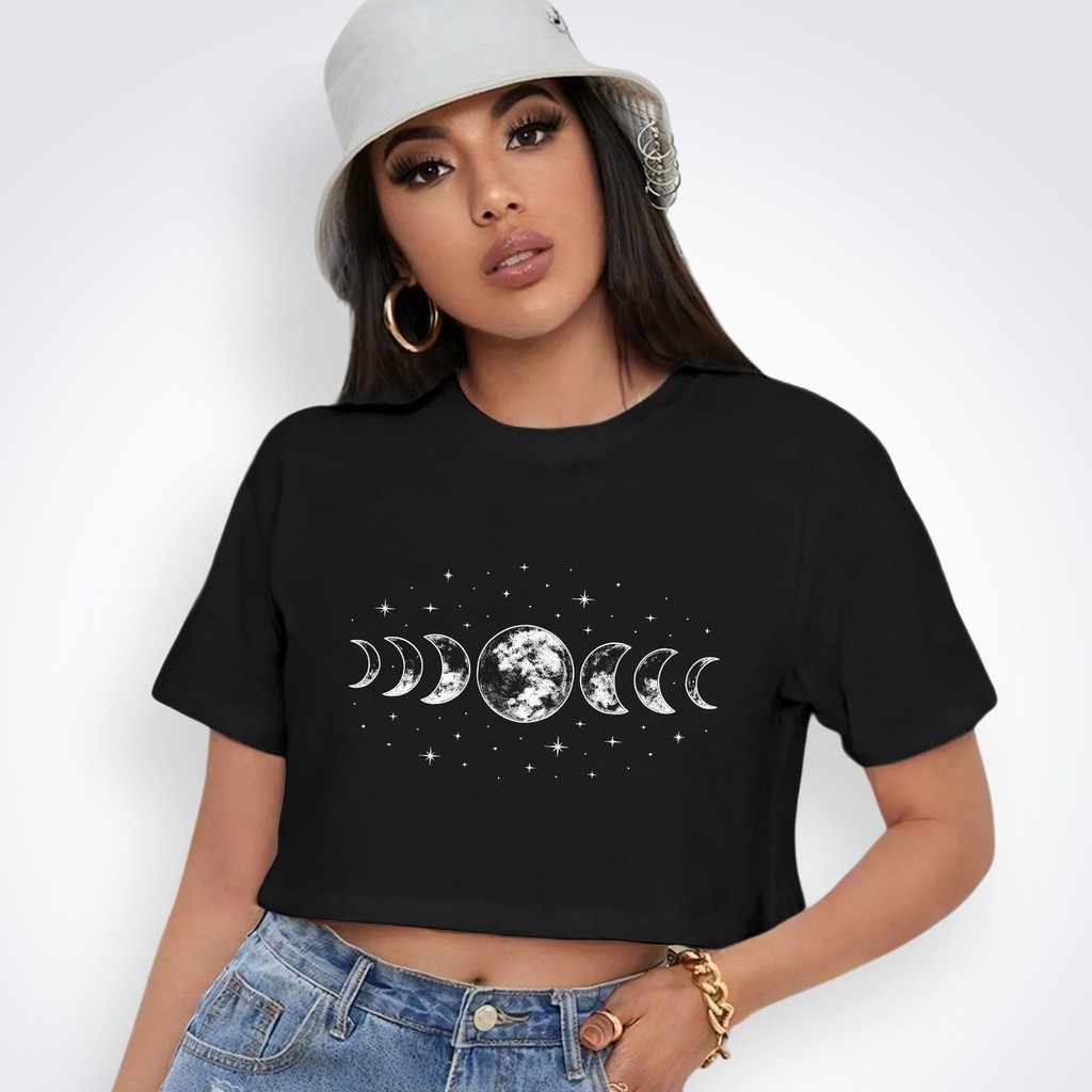 Cropped Crop Feminino Lua Fases Eclipse Gym Algodão Premium Casual Estiloso