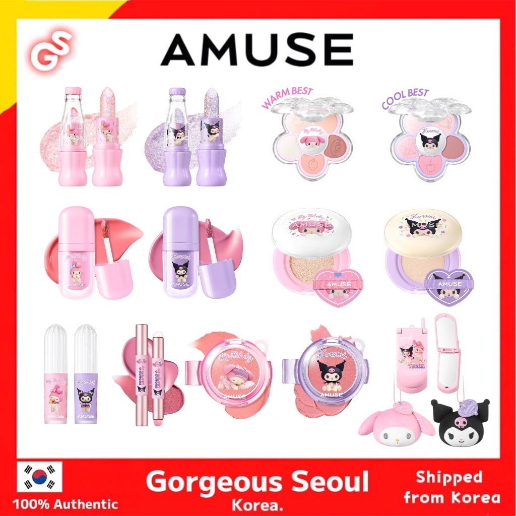 AMUSE < Coleção My Melody & Kuromi > Espelho De Telefone/Bálsamo Labial Com Refrigerante/Paleta De Olhos/Almofada Mestre De Geléia De Vidro De Cerâmica/Be Tint/Pó LIP CHEEK/Tonalidade De Veludo/Chaveiro De Boneca