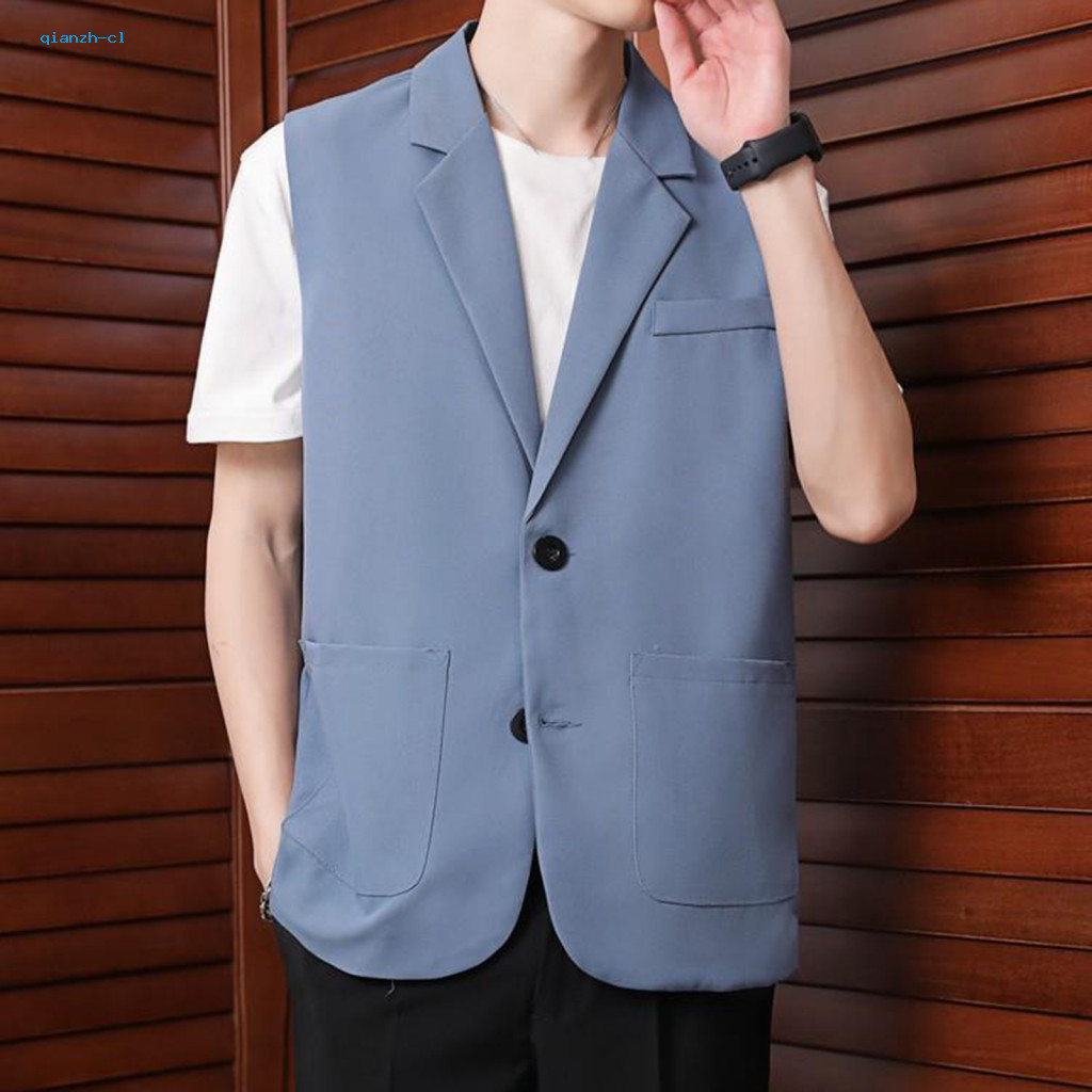 Versatile Men Sleeveless Jacket Suit Vest with Two-button Placket Men's Business Waistcoat Lapel Side Pockets for Office