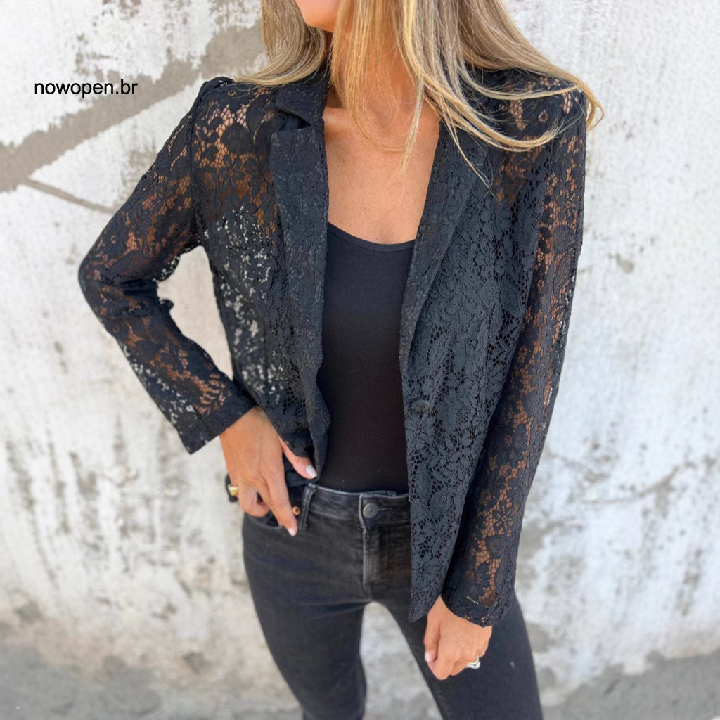 Versatile Solid Color Blazer Women Jacket Women’s Elegant Lace Lapel – Long Sleeve Suit Coat for Business and Wear S