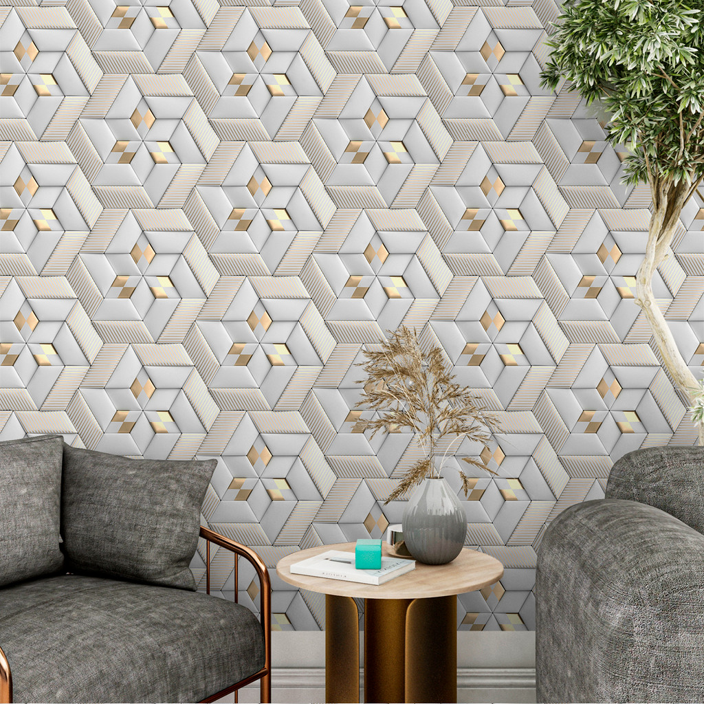 Papel de Parede 3D Luxo Geométrico Dourado e Branco | Auto Adesivo Decorativo Moderno Sala e Quarto